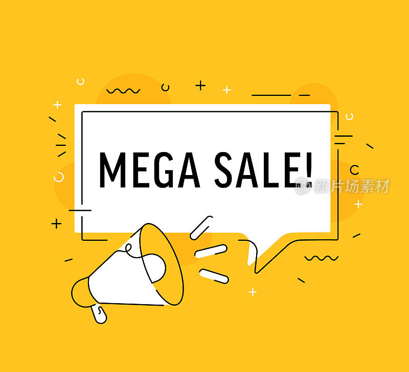 Mega Sale折扣信息在黄色背景上孤立的语音气泡中